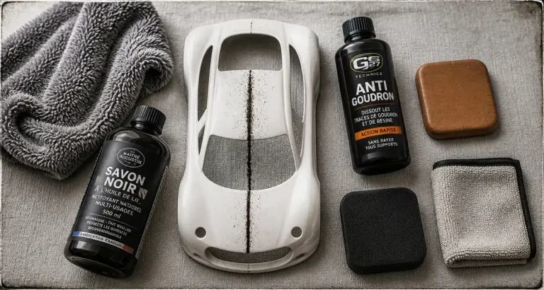 Trace noire sur carrosserie blanche : 3 méthodes efficaces pour nettoyer sans rayer Enlever trace noire sur carrosserie blanche, microfibre et produit anti-goudron