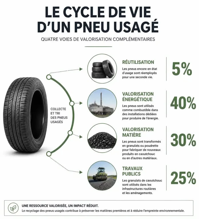 Infographie sur le recyclage des pneus usagés et les différentes méthodes de valorisation