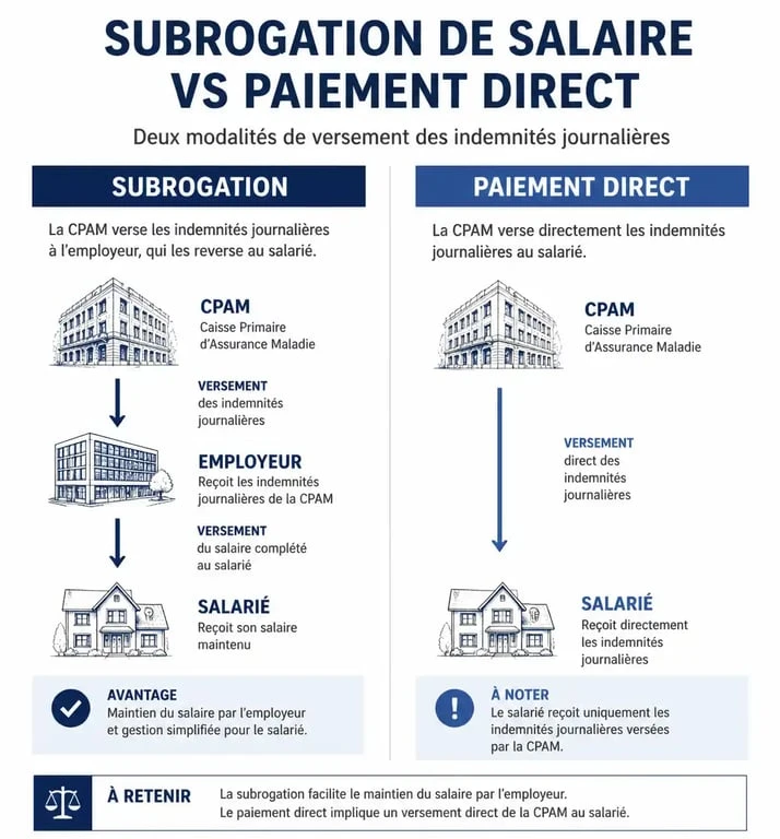 Infographie comparative : subrogation de salaire vs paiement direct des indemnités journalières pour les entreprises.