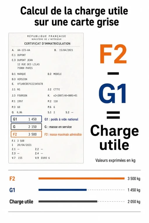 Schéma explicatif des champs G1, G et F2 sur une carte grise pour calculer la charge utile du véhicule