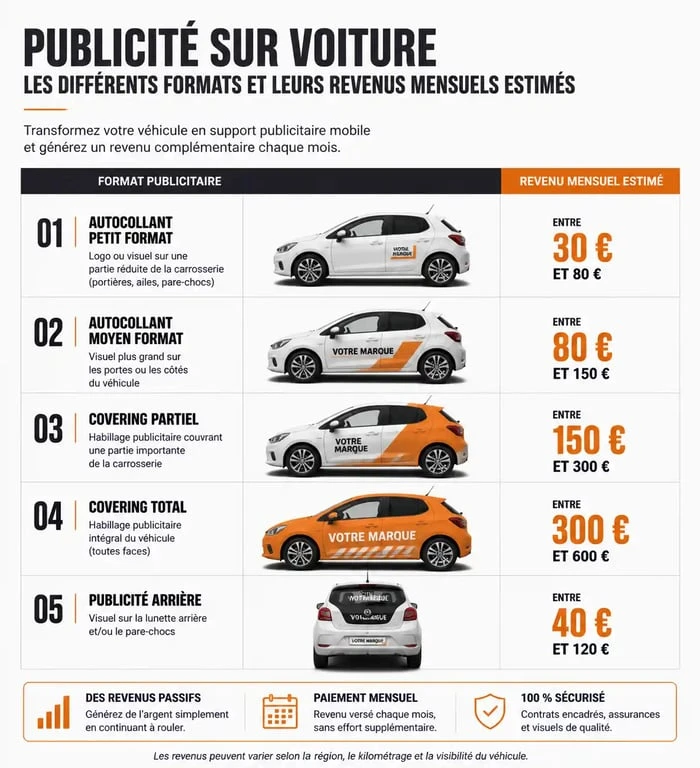 Infographie des revenus mensuels pour la publicité sur voiture rémunérée selon le format d'affichage