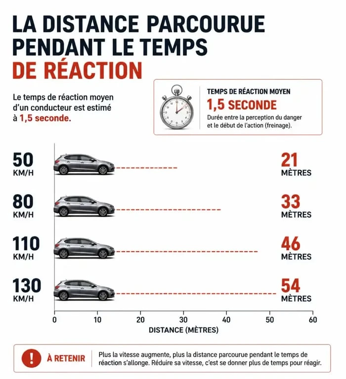 Infographie montrant la distance de réaction en fonction de la vitesse pour la sécurité routière