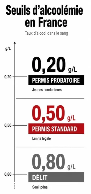 Infographie des seuils d'alcoolémie contraventionnelle et délictuelle en France