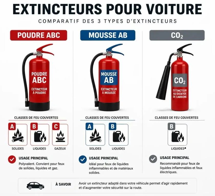 Comparatif des types d'extincteurs pour voiture : Poudre, Mousse et CO2 pour choisir le bon équipement de sécurité incendie