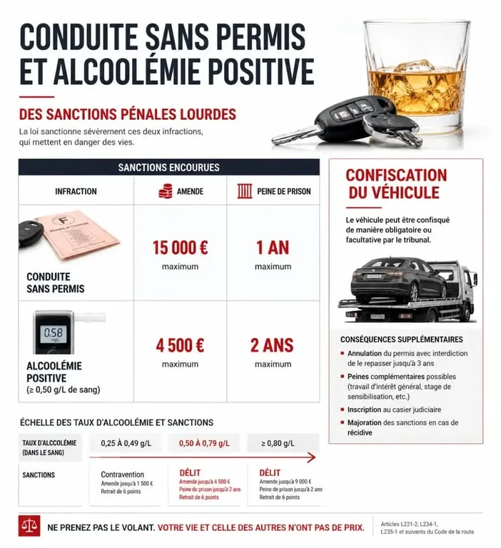 Infographie des sanctions pénales pour conduite sans permis avec alcoolémie positive