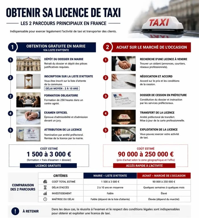 Infographie sur le parcours d'obtention d'une licence de taxi et les coûts associés