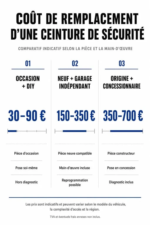 Infographie comparative des prix pour le remplacement d'une ceinture de sécurité : coût des pièces et main-d'œuvre selon l'option choisie.