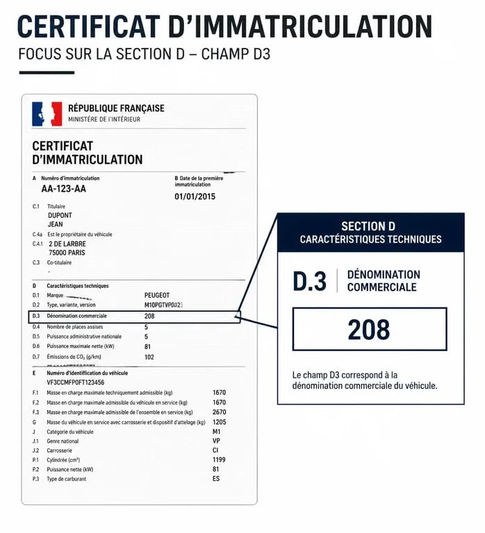 Localisation du champ D3 sur une carte grise pour identifier la dénomination commerciale
