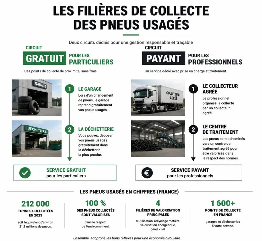 Infographie sur les circuits d'enlèvement et de recyclage des pneus usagés pour particuliers et professionnels