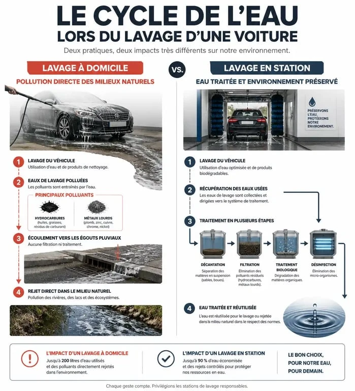 Infographie sur l'impact environnemental et l'interdiction de laver sa voiture chez soi en France