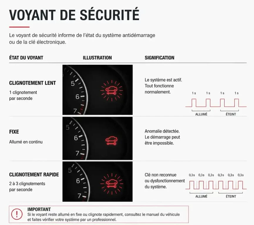 Schéma explicatif des états du voyant rouge qui clignote sur une voiture éteinte