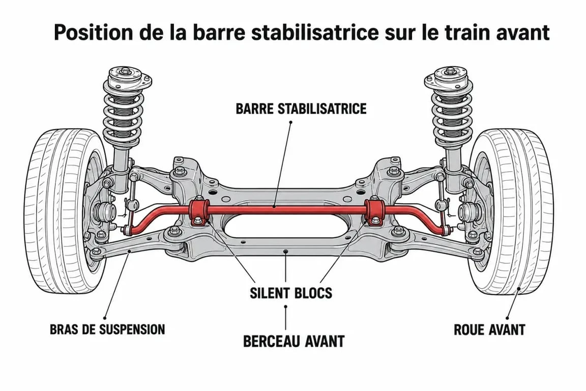 Schéma illustrant la position du silent bloc de barre stabilisatrice sur un véhicule pour identifier les symptômes d'usure