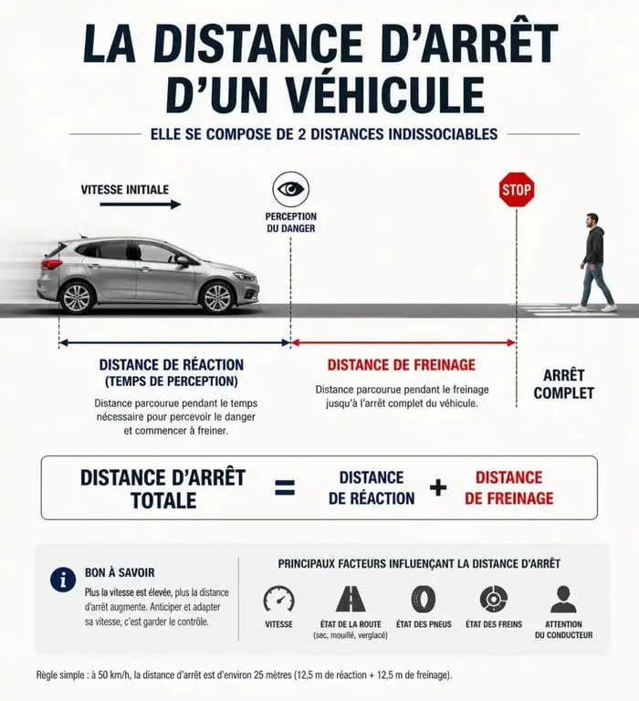 Infographie sur la distance d'arrêt totale lors d'un stage de conduite préventive