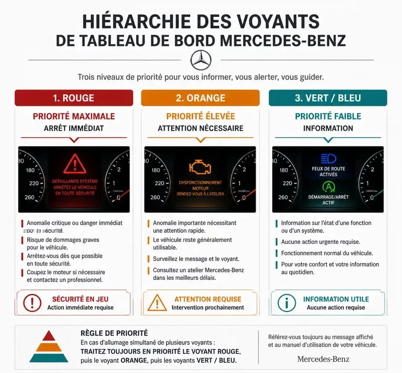 Infographie de la signification des voyants du tableau de bord Mercedes par code couleur
