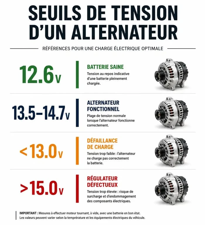 Infographie des seuils de tension pour tester un alternateur de voiture