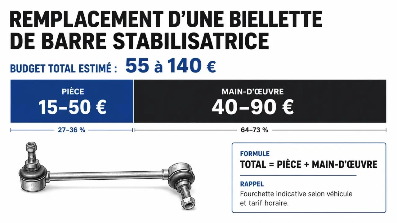 Infographie du tarif de changement d'une biellette de barre stabilisatrice : décomposition du prix entre pièces et main-d'œuvre.