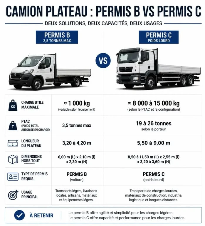 Infographie comparative des caractéristiques techniques entre un camion plateau permis B et un poids lourd.