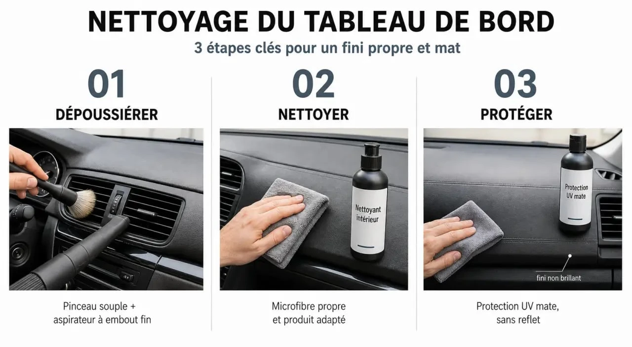 Infographie des étapes pour nettoyer un tableau de bord de voiture
