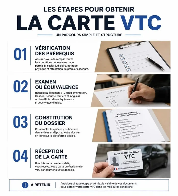 Infographie des étapes pour obtenir sa carte VTC professionnelle