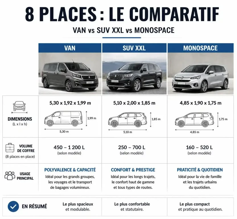 Infographie comparative des différents types de voiture 8 places pour famille nombreuse