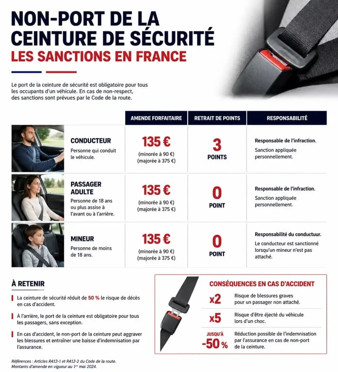 Infographie récapitulative des sanctions et amendes pour non-port de la ceinture de sécurité