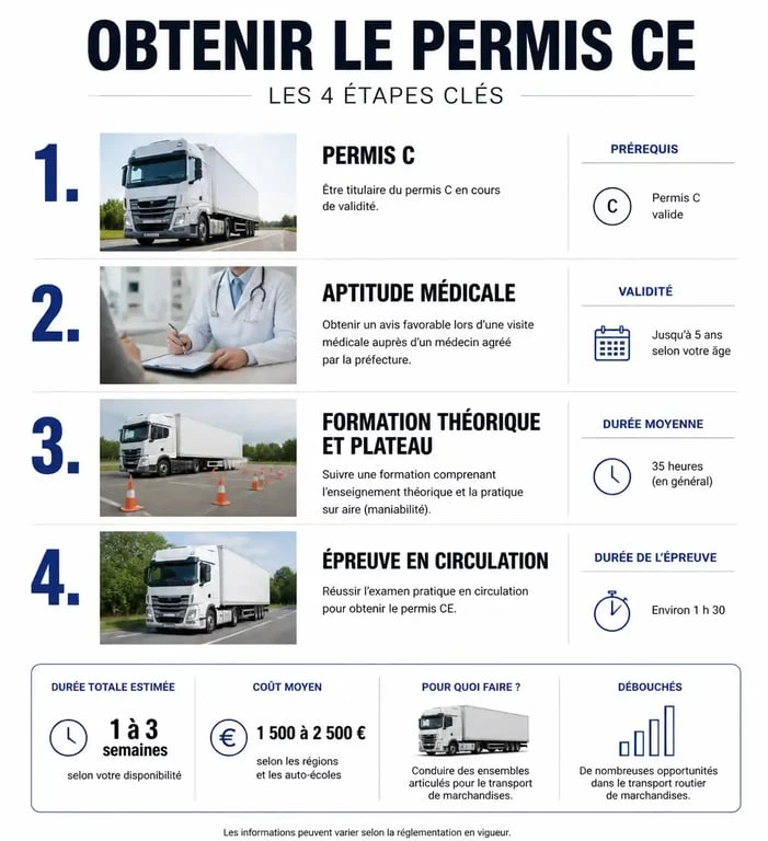 Infographie des étapes d'obtention du permis CE pour conducteur poids lourd