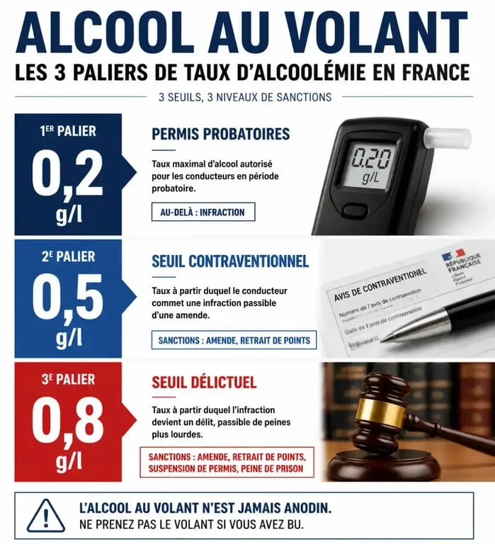 Infographie des seuils légaux de contrôle d'alcoolémie en France
