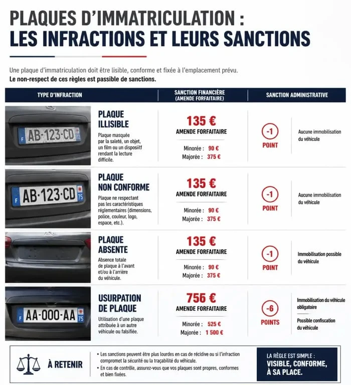 Infographie des sanctions pour amende plaque immatriculation non conforme