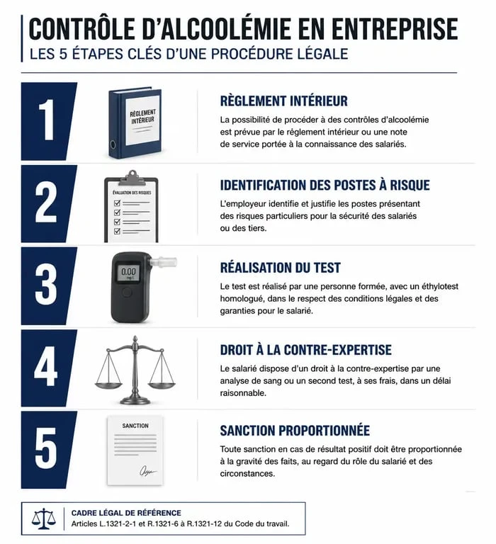 Infographie des étapes de la procédure légale pour un test alcoolémie travail en entreprise