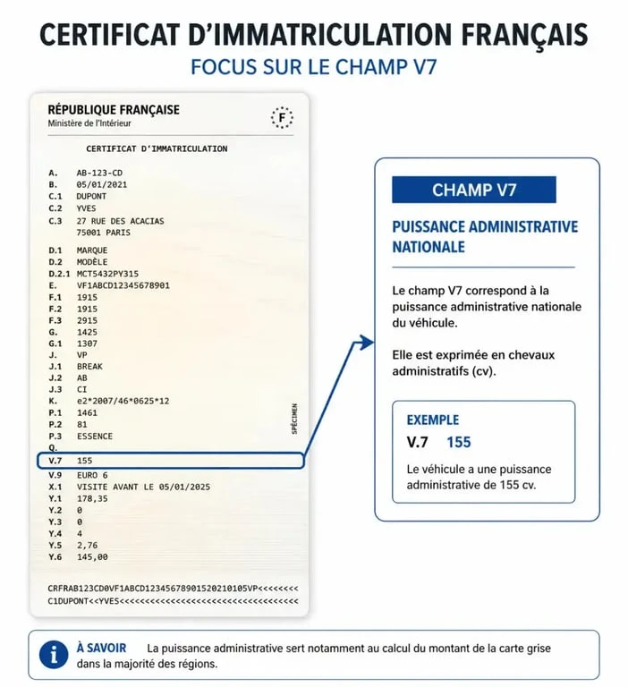 Localisation du champ V7 sur une carte grise pour le calcul du malus écologique
