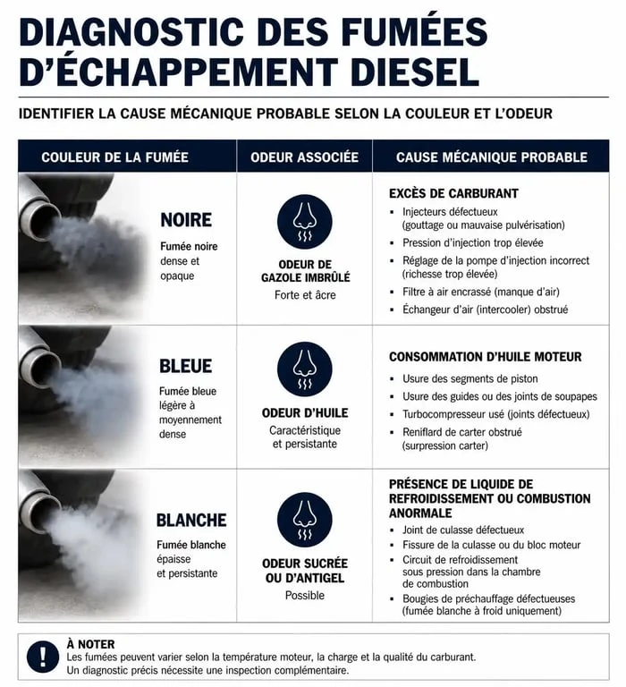 Infographie de diagnostic des fumées et mauvaise odeur échappement diesel