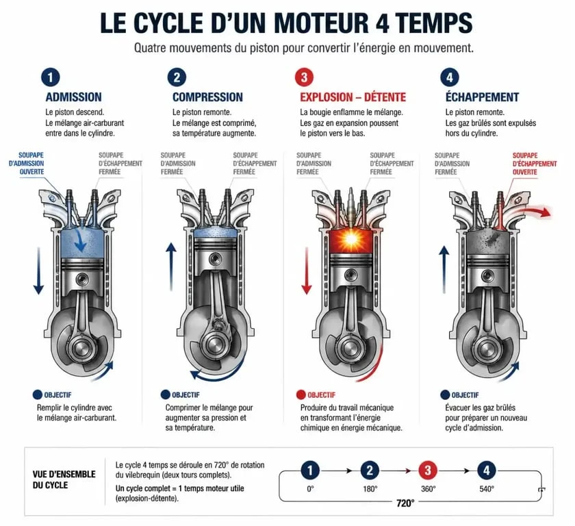 Schéma explicatif du fonctionnement d'un moteur 4 temps avec ses quatre phases de cycle