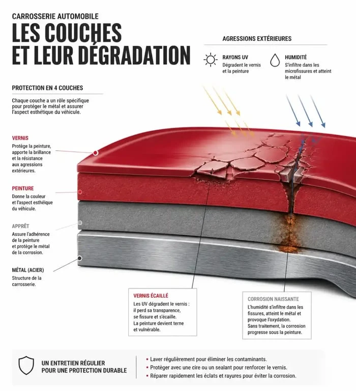 Schéma explicatif des couches de peinture d'une voiture et causes de la peinture écaillée