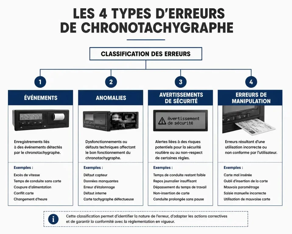 Classification des codes erreur chronotachygraphe par type d'anomalie