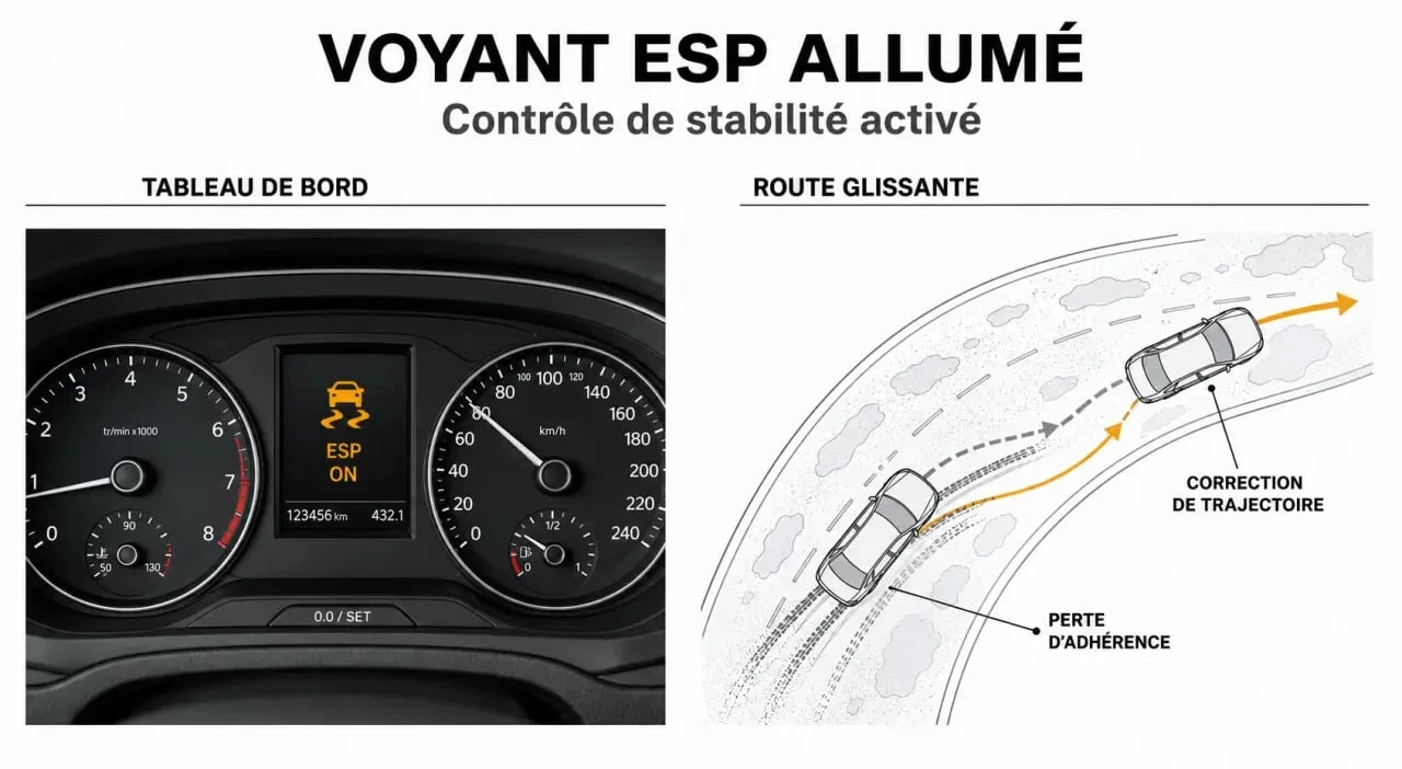 Voyant voiture qui glisse allumé sur le tableau de bord d'une voiture