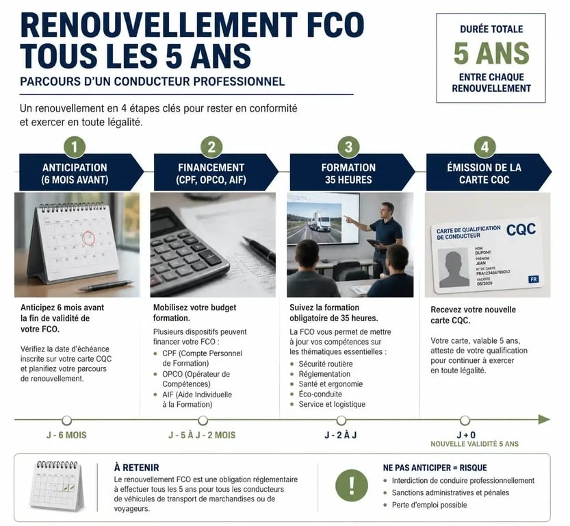 Infographie du processus de renouvellement FCOS et options de financement pour conducteurs routiers