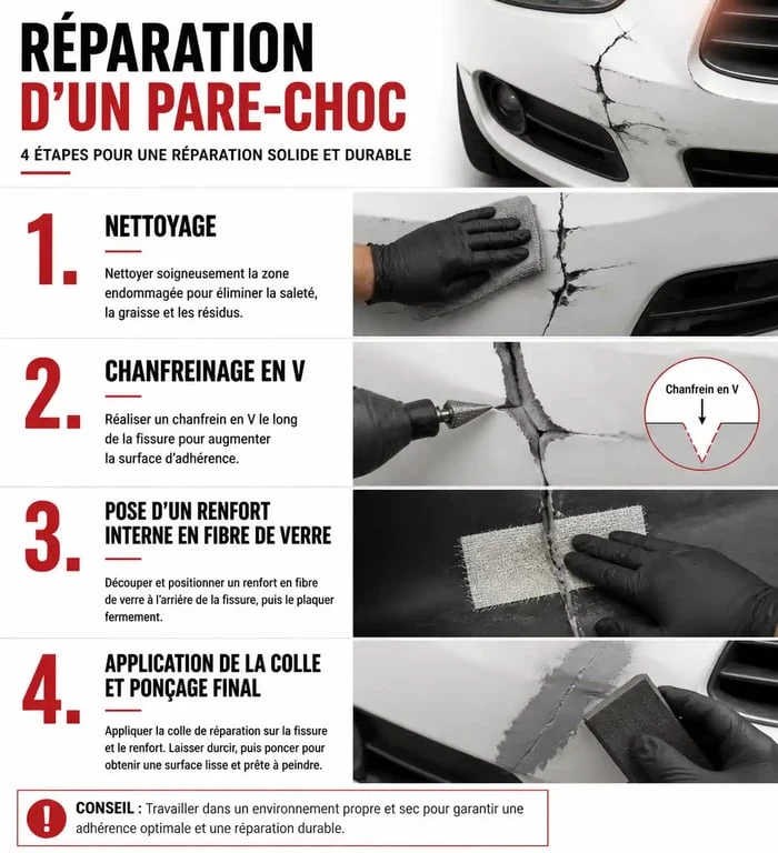 Étapes de réparation d'un pare-choc avec colle pare choc