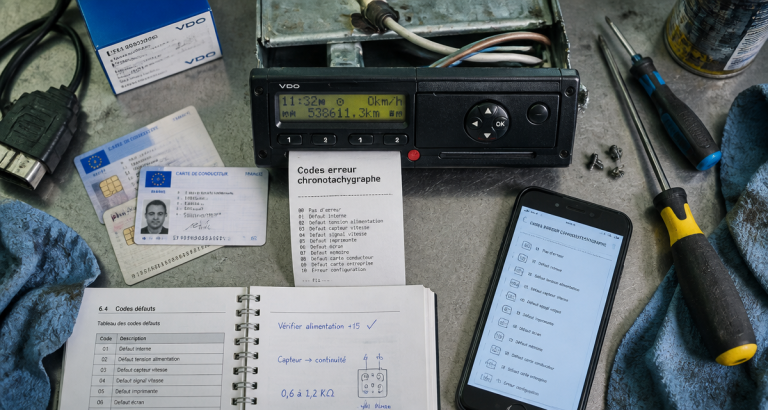 Codes erreur chronotachygraphe : 4 catégories pour diagnostiquer vos alertes et éviter les sanctions liste code erreur chronotachygraphe sur bureau avec appareil et cartes