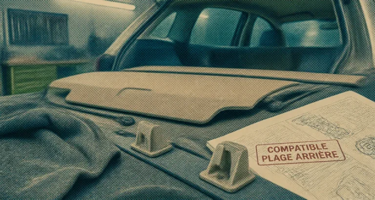 Plage arrière de voiture : 3 critères pour choisir la bonne pièce et l’installer sans casse Plage arrière voiture beige et ergots de fixation, pose sans casse