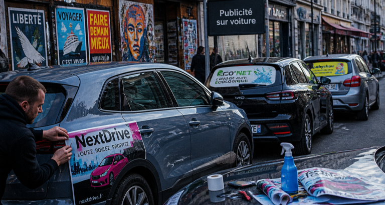 Publicité sur voiture : gagnez de 40 à 500 € par mois en transformant votre véhicule publicité voiture rémunérée autocollants sur voitures en ville