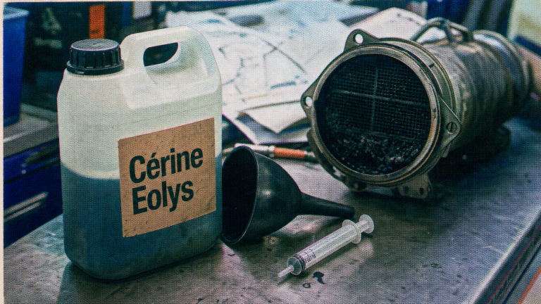 Cérine voiture Eolys 450 °C : additif diesel pour FAP, bidon et FAP démonté