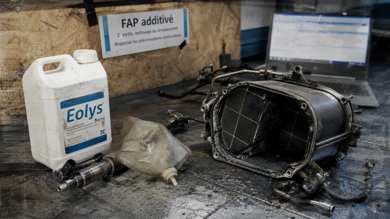 Cérine voiture : référence Eolys, 450 °C et erreurs à éviter Cérine voiture Eolys, additif 450°C : bidon et FAP au banc atelier