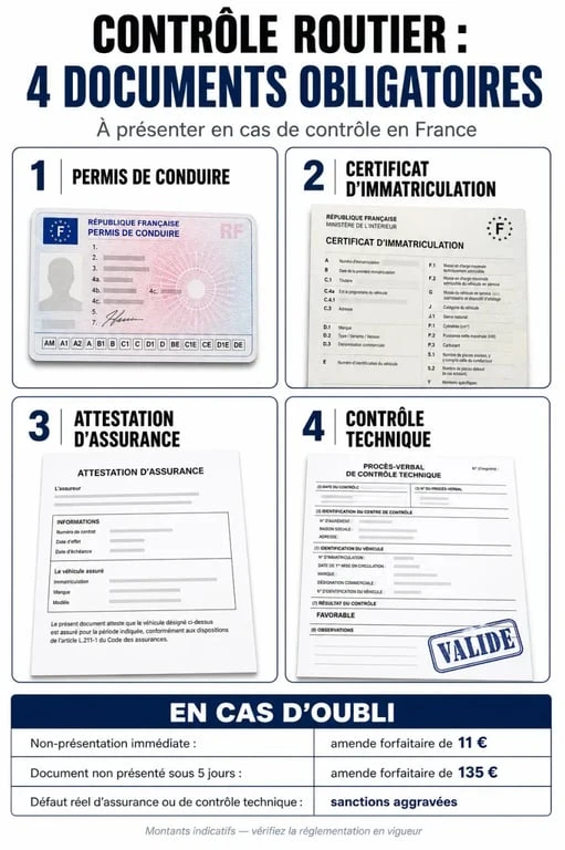 Infographie récapitulative des documents obligatoires lors d'un contrôle routier en France