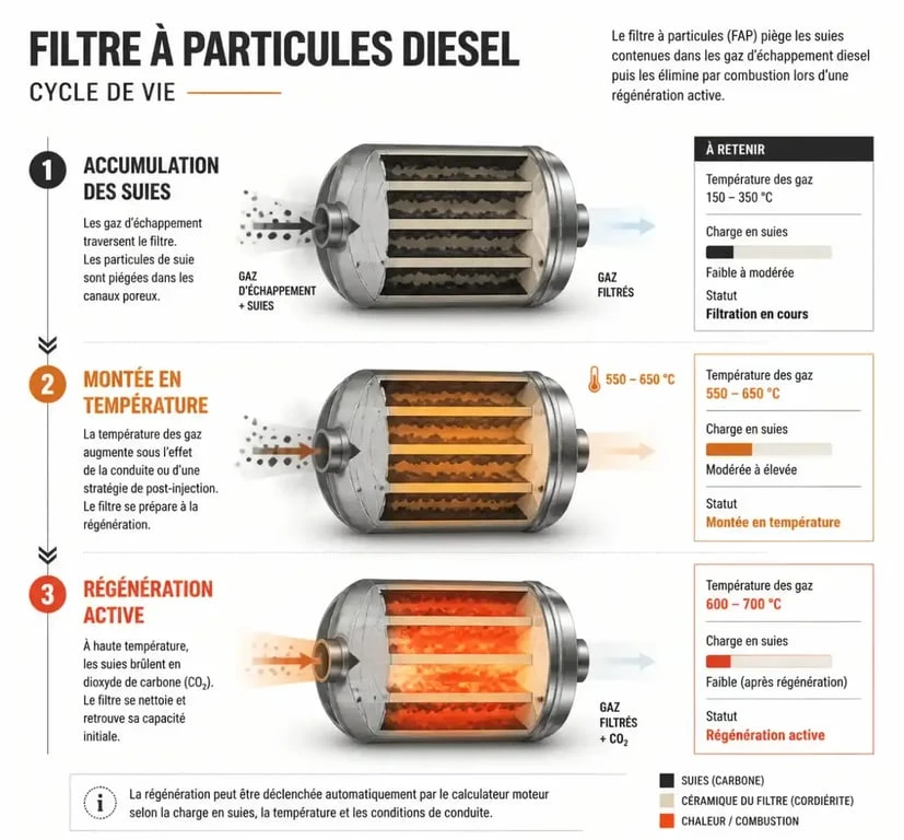 Schéma explicatif du fonctionnement et risque de colmatage du filtre à particules FAP