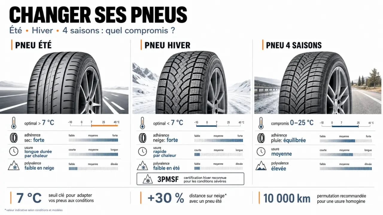 Changement des pneus : comparatif visuel entre pneus été, pneus hiver et pneus 4 saisons