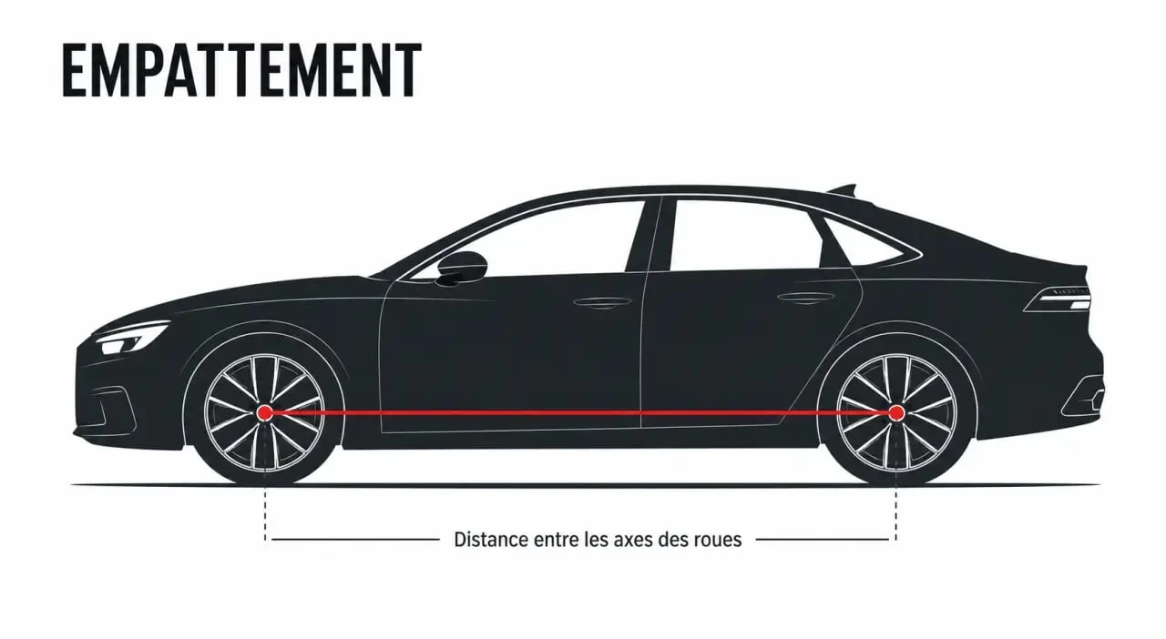 Schéma explicatif de l'empattement voiture montrant la distance entre les centres des roues