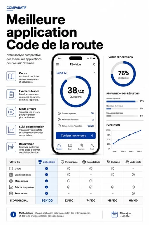 Comparatif du meilleur application code de la route sur smartphone avec critères de révision et de progression