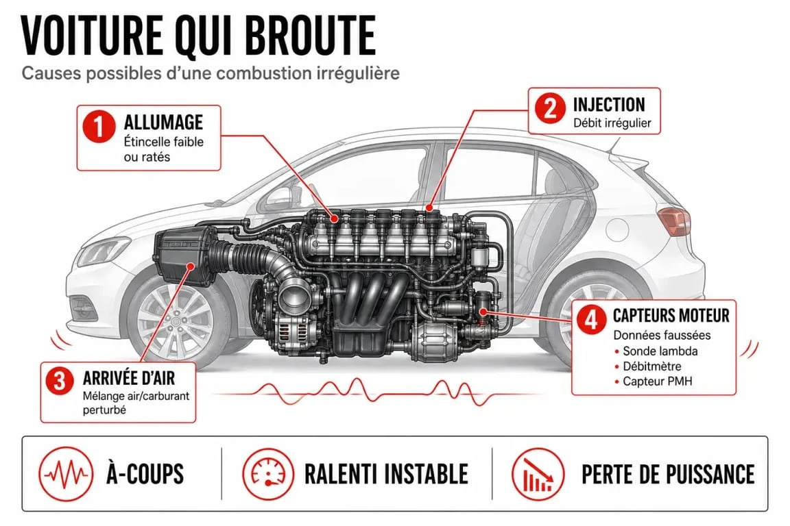 Schéma simplifié d'une voiture qui broute avec les systèmes allumage, injection et air