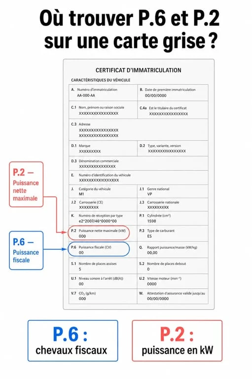 Schéma explicatif des champs P.6 et P.2 sur une carte grise pour identifier combien de chevaux a ma voiture