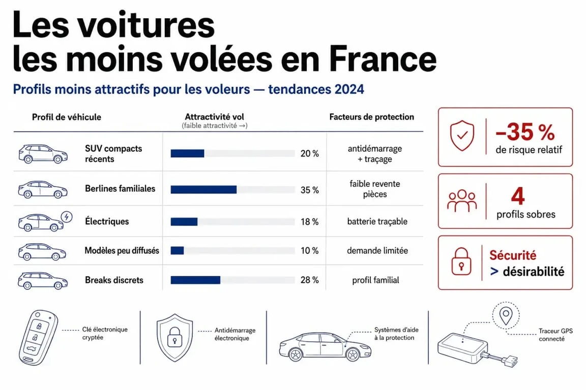 Infographie sur les voitures les moins volées en France avec chiffres clés et profils de véhicules
